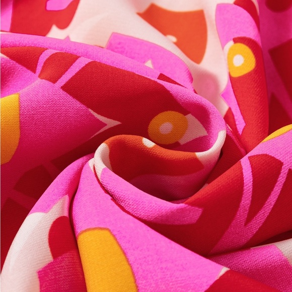 Strawberry Pink Geo Print V-neck Maxi Dress Bohemian Long Dress - Picture 4 of 12